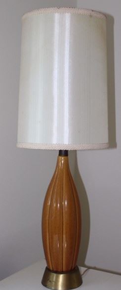 35.5” Lamp Tan  Porcelain Base With White Linen Lamp Shade