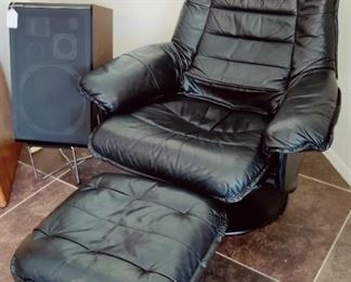 Novimex Black Leather Set Metal Frame Swivel Chair W/ Ottoman