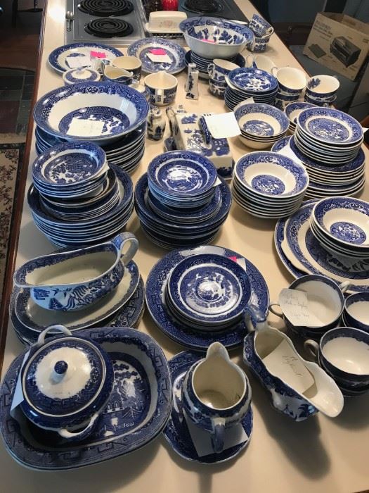 Willow ware, dishes as well as serving pieces and glassware.