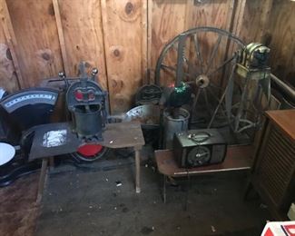 Vintage sausage grinder, Dayton computational scale, vintage radio, wooden shelf on stand