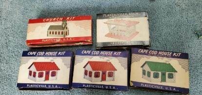 Plasticville Cape Cod houses, church, Frosty Bar