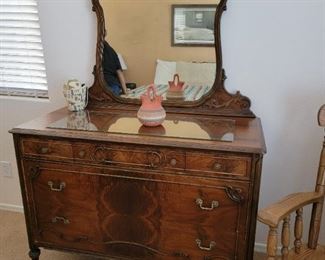 Vintage wood dresser and vanity mirror
