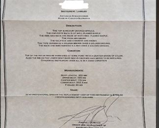 Antonius Stradivarius copy certificate
