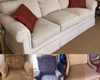 Couch from Gardner White; gold chair swivels, rocks and reclines; patterned chair reclines.