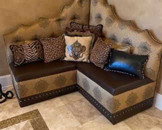 $3000. Custom made corner couch. 63”x63” x 57”tall. 29” depth. Used as decoration only. Beautiful fabric with real leather trim & nailhead accents.