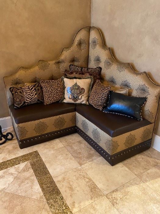 $3000. Custom made corner couch. 63”x63” x 57”tall. 29” depth. Used as decoration only. Beautiful fabric with real leather trim & nailhead accents. 