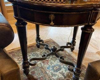 $800. Marge Carson round side table. 34” diameter & 33.5” tall. 1 drawer. 