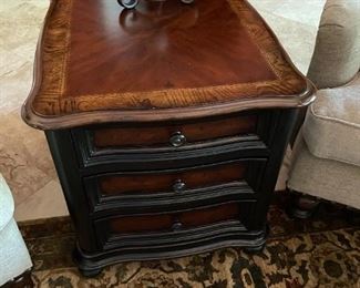 SOLD $200. Seven Seas by Hooker Furniture. 3 drawer side table. 24.5” tall c 23.5 wide x 28” deep. Small ding on bottom right side 