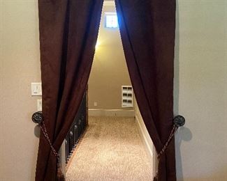 $200. Set of brown suede curtains & fixtures. 8 ft tall