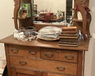 ANTIQUE TALL SERVER/SIDEBOARD/BUFFET With MIRRORED BACK, TOP SHELF, DRAWER & BEHIND-DOOR STORAGE