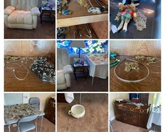 recliner bunny, table with lamp, card table and chairs, buffet/tv stand