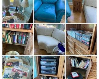 chrome and glass table, recliner, corner chair, cds, books, stereo system