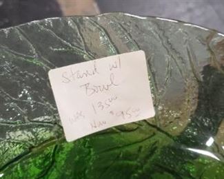 Black Painted Metal Plant Stand with Green Transparent Bowl $95