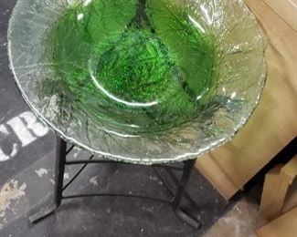 Black Painted Metal Plant Stand with Green Transparent Bowl $95