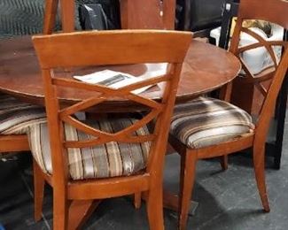 Large Round Table with Heavy base, 2 Leafs & (4) Newly Upholstered Chairs (table needs work) $495