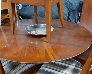 Large Round Table with Heavy base, 2 Leafs & (4) Newly Upholstered Chairs (table needs work) $495