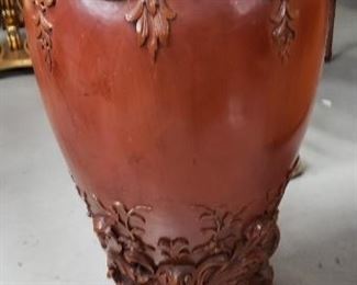 Antique Ornate Carved Wood Drum Barrel Shaped Marble Top Accent Table       Table measures approx. 30.5"H x 17" diameter of marble top      Call