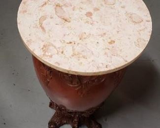 Antique Ornate Carved Wood Drum Barrel Shaped Marble Top Accent Table       Table measures approx. 30.5"H x 17" diameter of marble top      Call