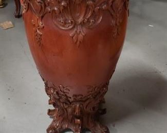 Antique Ornate Carved Wood Drum Barrel Shaped Marble Top Accent Table       Table measures approx. 30.5"H x 17" diameter of marble top      Call