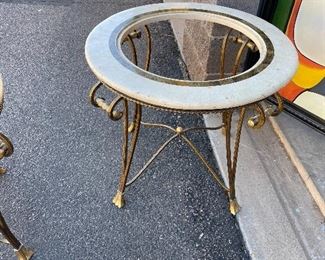 Faux marble end tables with glass inserts ( one table has small chip on corner) $45
