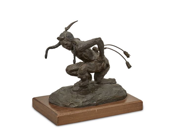 1
Joe De Yong
1894-1975, Los Angeles, CA
"Sage Hen Dancer"
Patinated bronze on wood base
Signed and dated: Joe De Yong / 1919; Further marked: Paul Ruddick / 1973 / JHM Classic Bronze
Edition: 13/50
6" H x 6.75" W x 4" D; Overall: 6.75" H x 7.125" W x 4.5" D
Estimate: $800 - $1,200