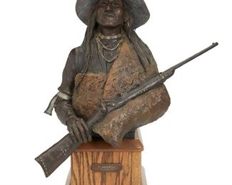 5
Joe Neil Beeler
1931-2006, Prescott, AZ
"The Whiskey Guard"
Cold painted bronze on rotating wood base
Signed: Joe Beeler; Further marked: CA [Cowboy Artists of America] / Bronze Smith; Titled to plaque
Edition: 13/45
9" H x 19" W x 9.5" D; Overall: 24" H
Estimate: $2,000 - $3,000