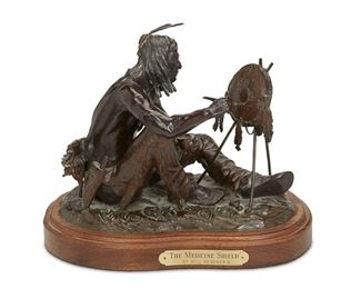 3
Bill Nebeker
b. 1942, American
"The Medicine Shield," 1989
Patinated bronze on wood base
Signed and dated: Bill Nebeker / 1989; Further marked: CA [Cowboy Artists of America]; Titled to plaque
Edition: 11/25
7.5" H x 10" W x 7.5" D; Overall: 9" H x 11.125" W x 7.25" D
Estimate: $800 - $1,200
