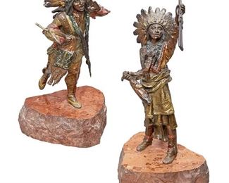 8
After Carl Kauba (1865-1922, Austrian)
Two works

A Native American figure with a rifle and full feathered headdress
Cold painted and patinated bronze on red marble base
Stamped and numbered: GESCHUTZT/ 6254 / Kauba
12" H x 4.5" W x 4" D

A Native American figure with pipe and tobacco bag
Cold painted and patinated bronze on red marble base
Stamped and numbered: GESCHUTZT / [2 or 7] 806/A
9" H x 3.75" W x 4.75" D
Estimate: $2,000 - $3,000