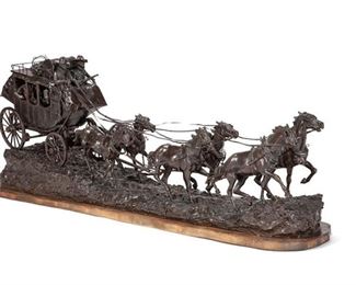 9
Earle E. Heikka
1910-1941, Montana
"Overland Stagecoach," 1932
Patinated bronze on wood base
Signed: E.E. Heikka; Further marked: S. Rose / 68 / JHM Classic Bronze
Edition: 7/10
16.5" H x 48" W x 8" D; Overall: 17.5" H x 49.5" W x 9.5" D
Estimate: $20,000 - $30,000