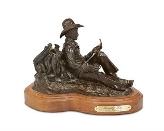11
Bill Nebeker
b. 1942, American
"Family Ties," 1986
Patinated bronze on wood base
Signed and dated: Bill Nebeker / 1986; Further marked: CA [Cowboy Artists of America] / Thumb Butte Bronze Inc.; Titled to plaque
Edition: 15/30
6" x 8.75" W x 5.125" D; Overall: 7.25" H x 10.25" W x 6.5" D
Estimate: $400 - $600
