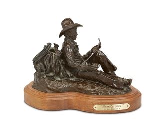 11
Bill Nebeker
b. 1942, American
"Family Ties," 1986
Patinated bronze on wood base
Signed and dated: Bill Nebeker / 1986; Further marked: CA [Cowboy Artists of America] / Thumb Butte Bronze Inc.; Titled to plaque
Edition: 15/30
6" x 8.75" W x 5.125" D; Overall: 7.25" H x 10.25" W x 6.5" D
Estimate: $400 - $600