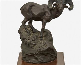 13
Joe De Yong
1894-1975, Los Angeles, CA
"Rocky Mountain Bighorn Sheep"
Patinated bronze on wood base
Signed and dated: Joe De Yong / 1918; Further marked: Paul Ruddick / 1973 / JHM Classic Bronze
Edition: 17/50
6.125" H x 5.25" W x 3.75" D; Overall: 6.875" H x 5.25" W x 4.5" D
Estimate: $800 - $1,200