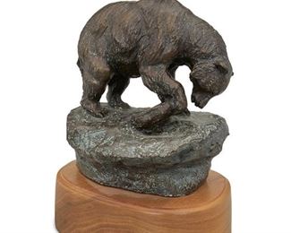 15
Earle E. Heikka
1910-1941, Montana
Bear Overturning Stone, 1938
Patinated bronze on wood base
Signed and dated: E. Heikka / 1938
Edition: 35/100
5.5" H x 5.25" W x 4" D; Overall: 7.375" H x 6" W x 4.25" D
Estimate: $500 - $700