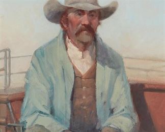 22
Robert Pummill
b. 1936, Kerrville, TX
"Coachman," 1988
Oil on board
Signed and dated lower right: Pummill / '88, and with the conjoined CA for the Cowboy Artists of America, titled on a reproduction rights label affixed to the backing board as well as on the frame verso.
12" H x 9" W
Estimate: $700 - $900