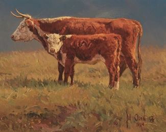 18
Bill Owen
1942-2013, Kirkland, AZ
"At Redlands," 1984
Oil on canvas
Signed and dated lower right: Bill Owen, with the conjoined CA for the Cowboy Artists of America, and with the copyright symbol, signed again and titled verso
9" H x 12" W
Estimate: $1,000 - $1,500