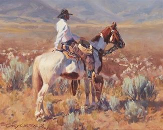 19
Gary Carter
b. 1939, Montana
Cowboy On Horseback, 1992
Oil on canvas
Signed and dated lower left: Gary Carter / 92, with the copyright symbol, and with the conjoined "CA" for Cowboy Artists of America, signed and dated again and inscribed verso, "All reproduction rights reserved by the artist"
8" H x 10" W
Estimate: $600 - $800