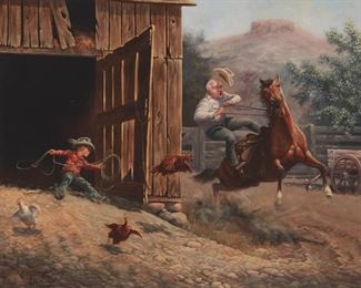 20
Chuck De Haan
b. 1933, Texas
Spooked Horse And Rider, 1979
Oil on canvas board
Signed and dated lower left: Chuck DeHaan / '79, with the artist's device, and with the copyright symbol
16" H x 20" W
Estimate: $1,000 - $1,500