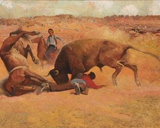 24
Robert Wesley Amick
1879-1969, Greenwich, CT
"The Charge Of The Bull"
Oil on canvas
Signed lower right: Robert Wesley Amick, titled on a gallery label affixed to the backing board
24" H x 36" W
Estimate: $1,500 - $2,000