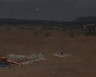 25
William Lees Judson
1842-1928, Los Angeles, CA
Nocturnal With Horse And Cowboy
Oil on canvas laid to canvas
Signed lower right: W L Judson
16" H x 32" W
Estimate: $1,000 - $2,000