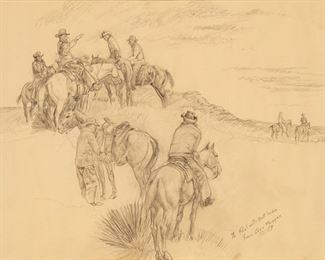 26
George Phippen
1915-1966, Skull Valley, AZ
"Group Of Riders"
Graphite on paper under glass
Signed and inscribed in pencil lower right: Geo. Phippen, "To Paul with Best Wishes from Geo. Phippen," and with the artist's device, titled on a gallery receipt
Sight: 17.25" H x 23.5" W
Estimate: $300 - $500