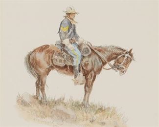 27
Olaf Wieghorst
1899-1988, El Cajon, CA
"Cavalry Trooper," 1981
Watercolor and pen on card under glass
Signed lower left: O. Wieghorst, and with the artist's 2C device, signed again, dated and titled verso: Nov 5th / 81, with the artist's 2C device, and with the copyright symbol
Card: 15.75" H x 13" W; Sight: 12.25" H x 10.25" W
Estimate: $2,500 - $3,500