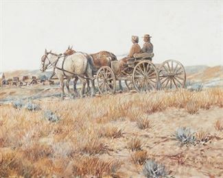 29
Nick Eggenhofer
1887-1985, Cody, WY
"Sunday Morning," 1975
Gouache on paper under glass
Signed and dated lower right: N. Eggenhofer, and with the copyright symbol, titled on a gallery receipt
Sight: 13.5" H x 21.5" W
Estimate: $800 - $1,200