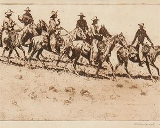 30
Edward Borein
1872-1945, Santa Barbara, CA
"Arizona Cowpunchers"
Etching and drypoint on paper under glass
Signed in pencil lower right: Edward Borein, titled on a gallery label affixed to the backing paper
Plate: 4.75" H x 9" W; Sight: 5.25" H x 9.25" W
Estimate: $700 - $900