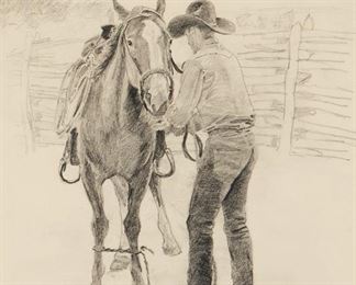 28
Bill Owen
1942-2013, Kirkland, AZ
"First Saddle," 1979
Graphite on paper under glass
Signed and dated lower right: Bill Owen, with the conjoined CA for the Cowboy Artists of America, and with the copyright symbol, titled on a gallery receipt
Sight: 18.75" H x 15" W
Estimate: $2,000 - $3,000