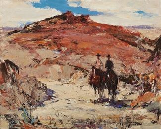 31
Burt Procter
1901-1980, Palm Springs, CA
Two Riders In A Desert Landscape
Oil on panel
Signed lower left: Burt Procter
20" H x 24" W
Estimate: $1,000 - $2,000