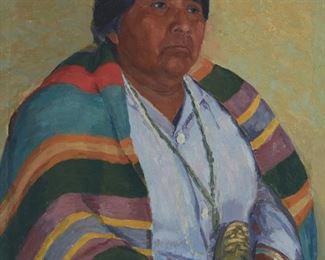 32
L. Norton
20th Century, American
Native American Woman Wrapped In Blanket
Oil on canvas laid to waxed canvas
Signed lower left: L. Norton
30" H x 24" W
Estimate: $2,000 - $3,000