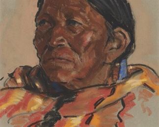33
Ned Jacob
b. 1938, Denver, CO
Portrait Of A Native American Man Wearing A Blanket
Mixed media on paper under glass
Signed lower right: Jacob
Sight: 14" H x 10.5" W
Estimate: $800 - $1,200