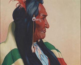 35
Portrait Of A Native American
1933
Oil on canvas
Signed and dated upper right: Willmore / '33, inscribed verso: EMOYISIQKASIMI / HAIRY COAT
22" H x 20" W
Estimate: $600 - $800