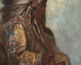 34
Astley David Middleton (A.D.M.) Cooper
1856-1924, San Jose, CA
Native American Chief With Pipe
Oil on canvas laid to waxed canvas
Signed lower left: A.D.M. Cooper
20" H x 16" W
Estimate: $2,000 - $3,000