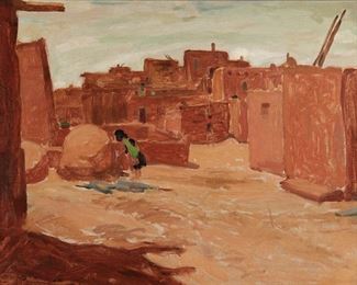 38
Walter Ufer
1876-1936, Taos, NM
Pueblo Scene With Figure
Oil on waxed lined canvas
Signed verso: W. Ufer
20" H x 26" W
Estimate: $15,000 - $20,000
